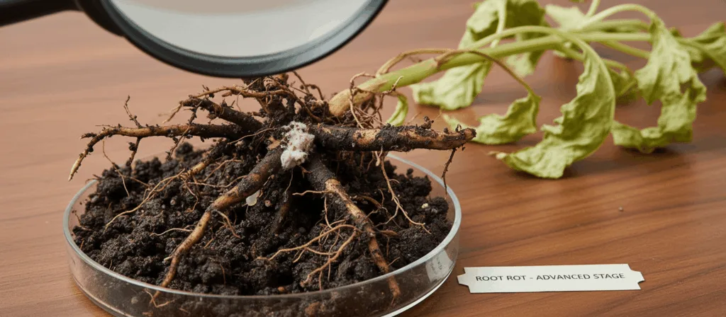 Root damage from waterlogging and salt buildup in greenhouse substrate