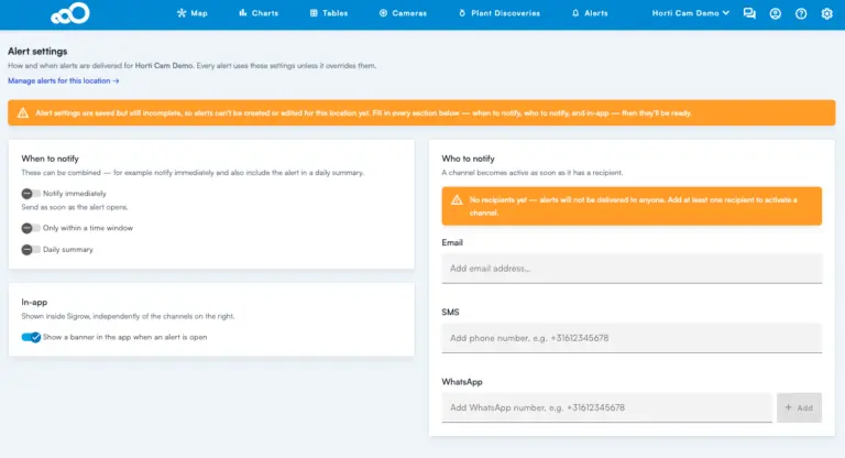 Alert settings page in the Sigrow web app with when to notify, in-app banner and Email, SMS and WhatsApp recipients