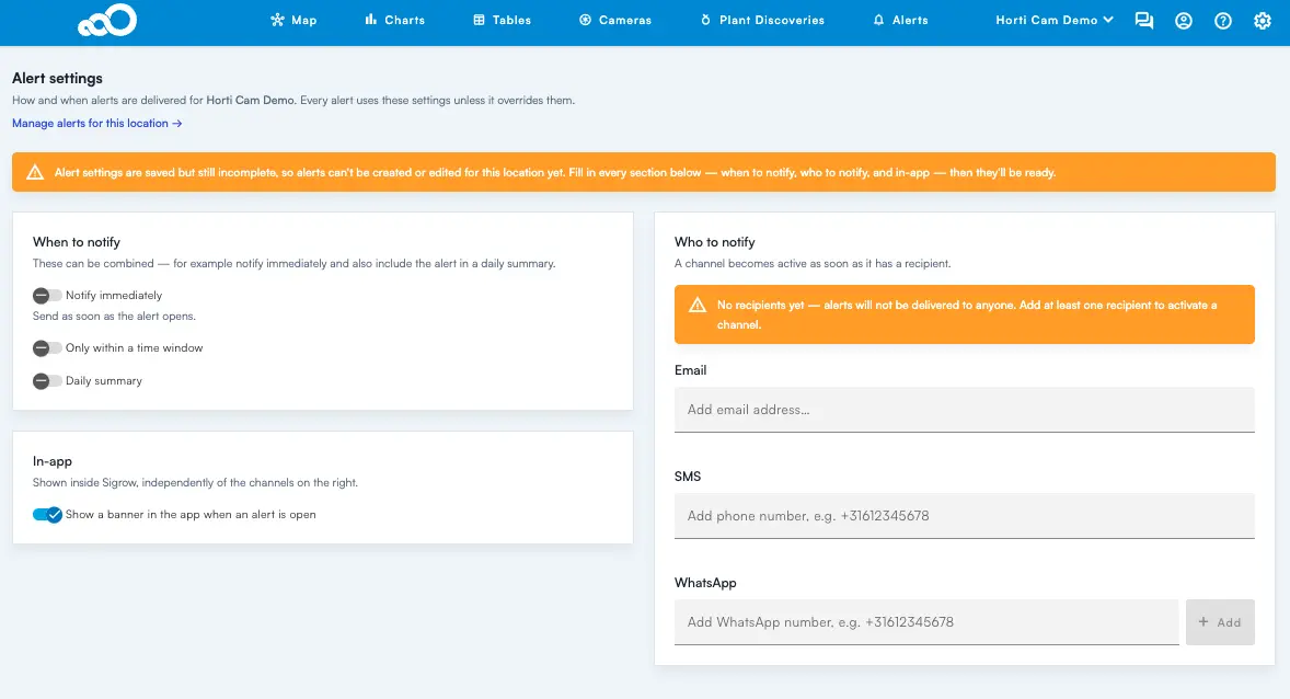 Alert settings page in the Sigrow web app with when to notify, in-app banner and Email, SMS and WhatsApp recipients