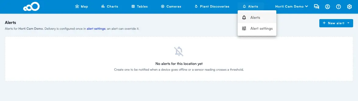 صفحة Alerts الجديدة في تطبيق Sigrow مع فتح قائمة Alerts و Alert settings