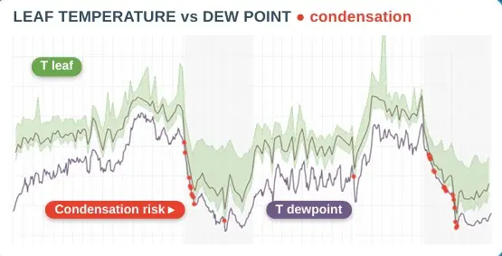 Chart: leaf temperature vs dew point, red dots mark condensation risk