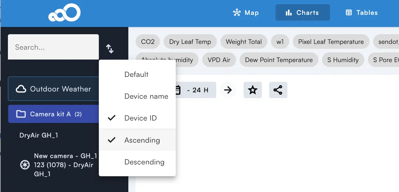 Sorting the device list on the Charts page of the Sigrow web app by device name or device ID