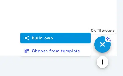 Widget counter in the Sigrow web app showing 0 of 11 widgets next to the Build own and Choose from template buttons